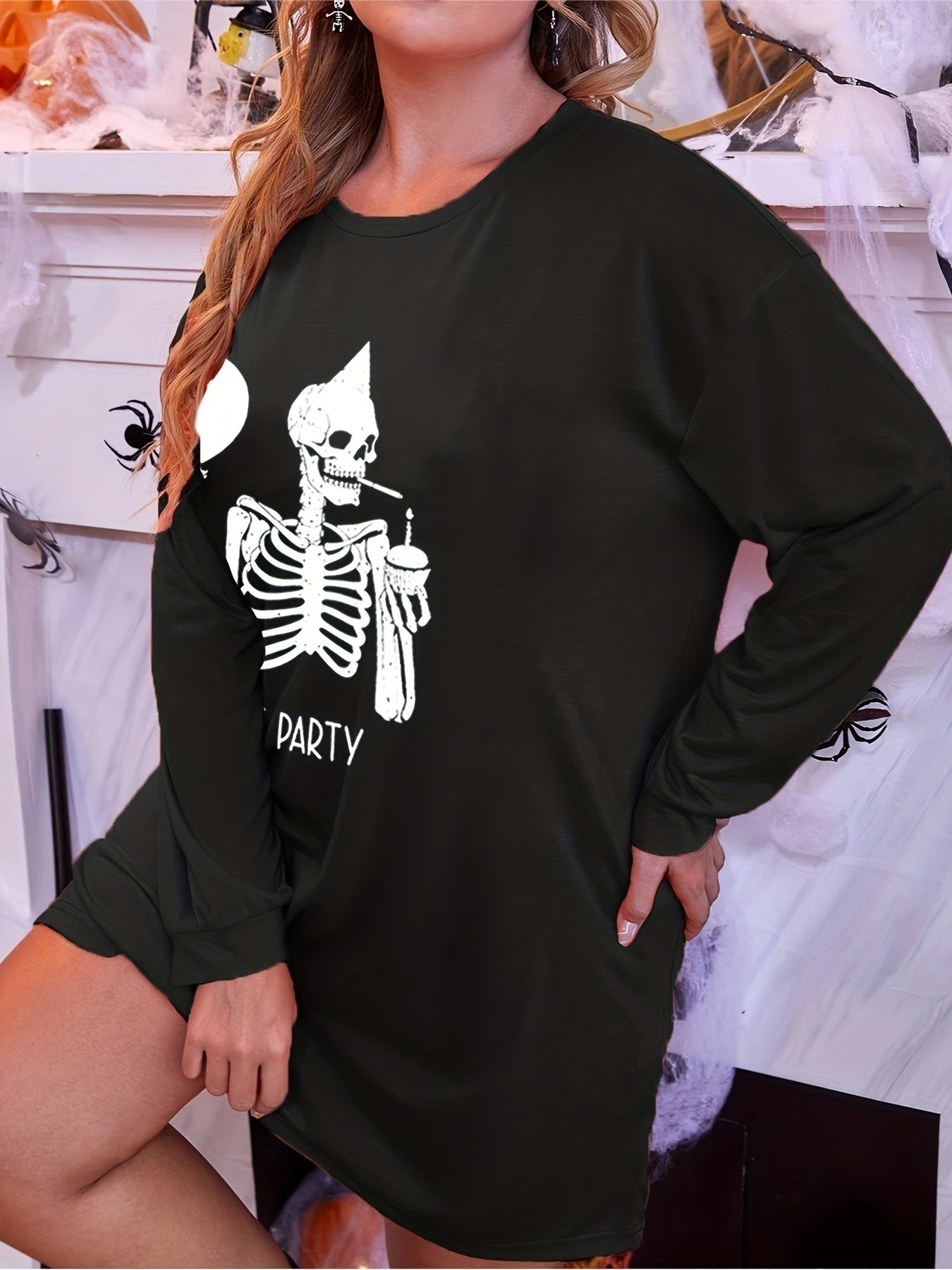 Halloween Skull Print Long Sleeve Tee Sleep Dress