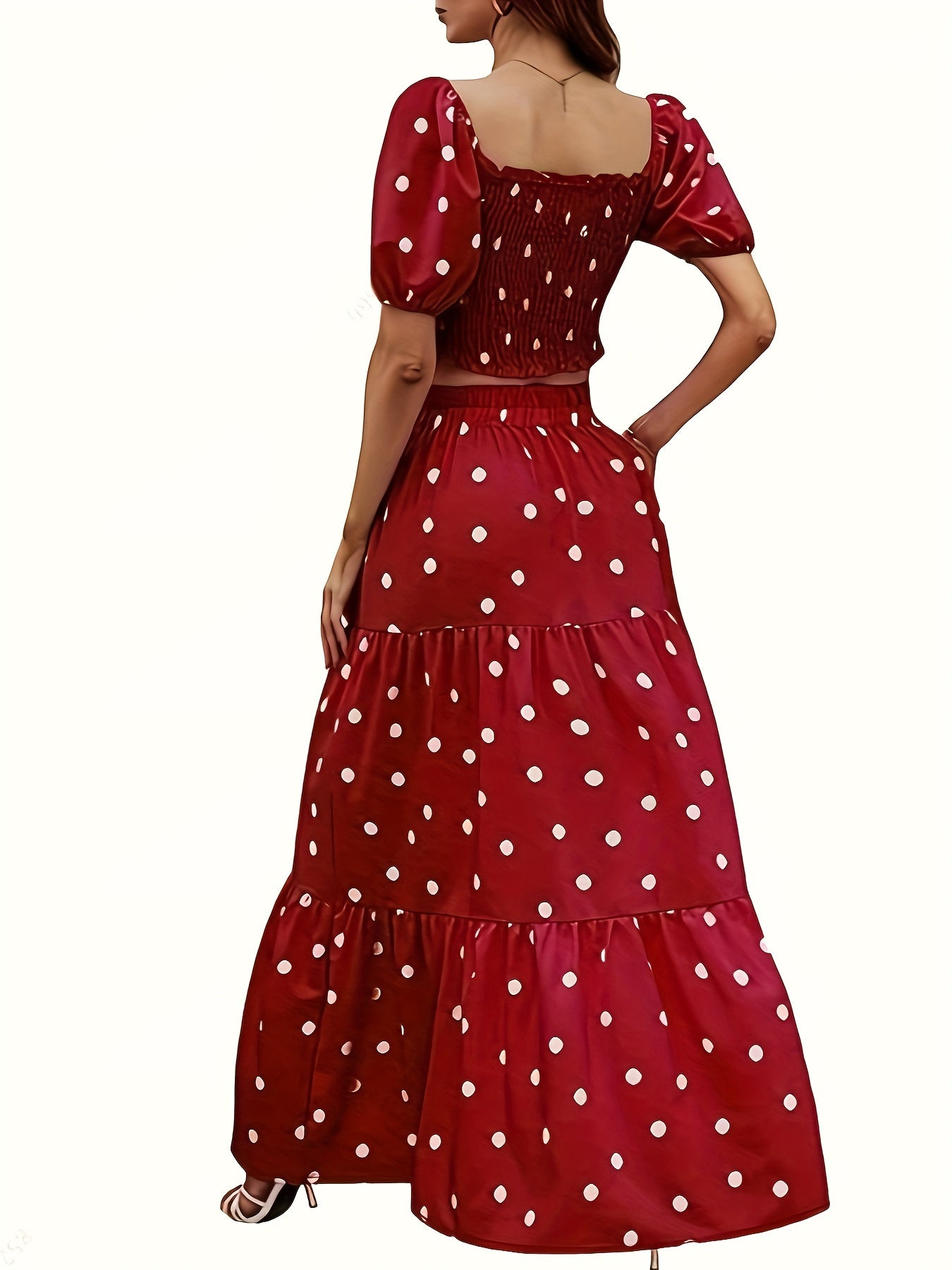 Polka Dot Print Shirred Puff Sleeve Square Neck Crop Top & Skirt Set
