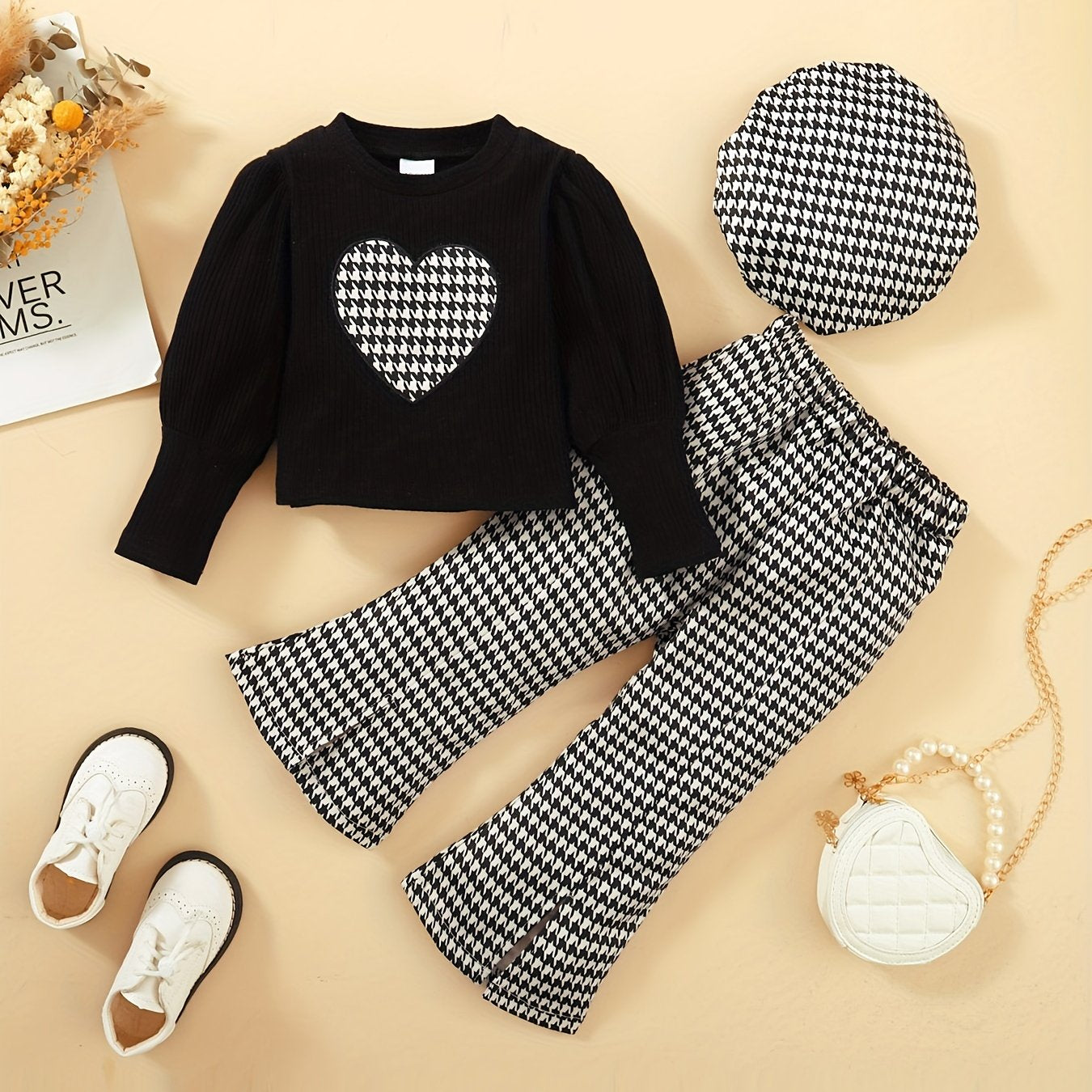 Houndstooth 3pc Beret & Heart Top & Pants Set for Girls