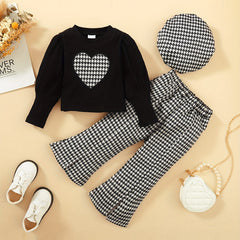 Houndstooth 3pc Beret & Heart Top & Pants Set for Girls
