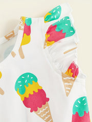 Girls Flying Sleeves Dress Polka Dot Ice Cream Print Kids Princess Dress