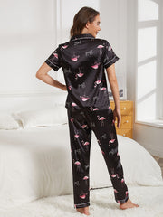 Flamingo Print Pajama Set Short Sleeve Top & Pants