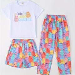 Girls Bear Graphic Pajama Set Crew Neck Top & Shorts/Pants Loungewear