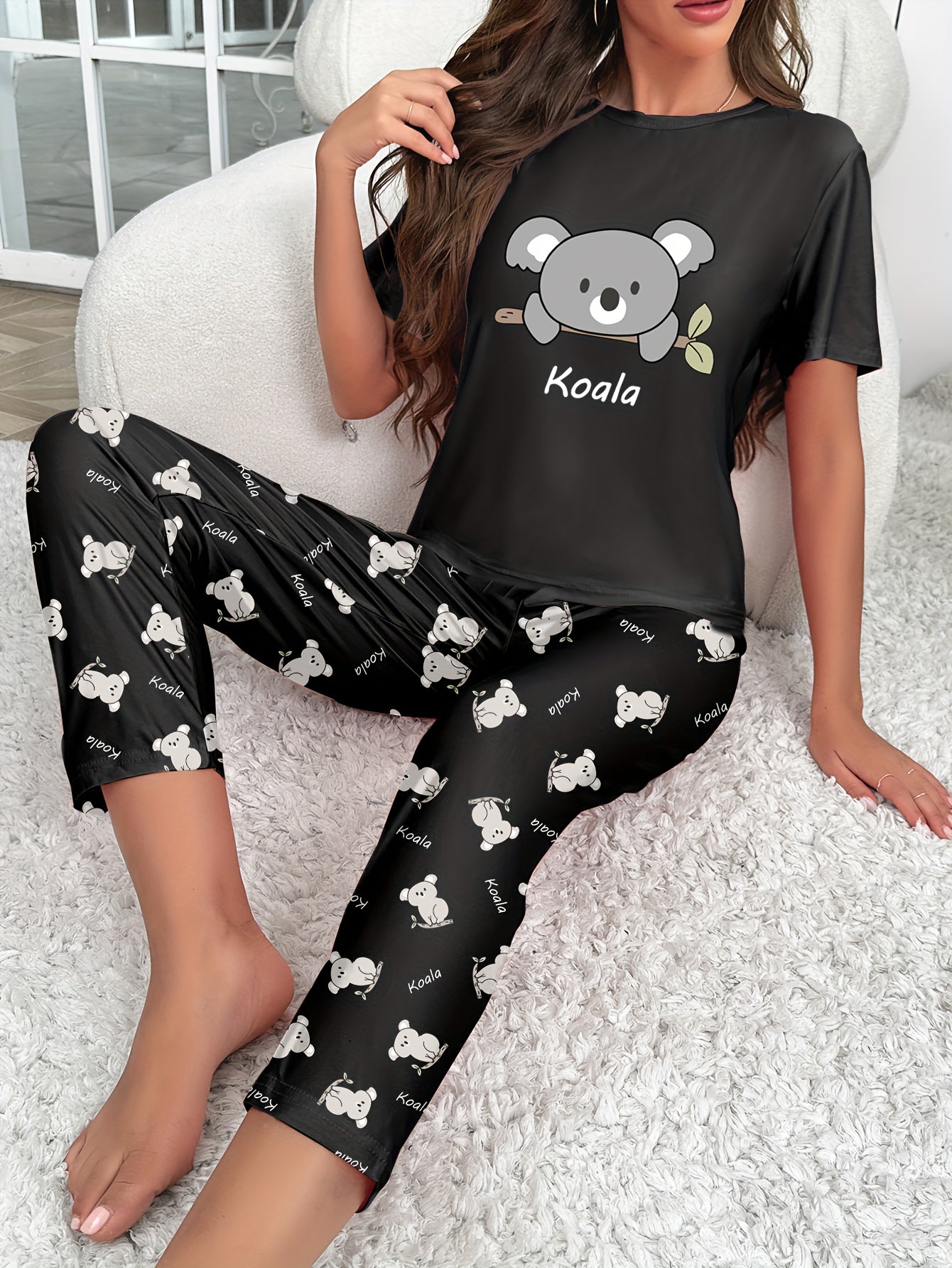 Koala Print Pajama Set Short Sleeve Top & Pants
