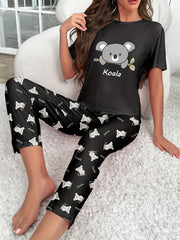 Koala Print Pajama Set Short Sleeve Top & Pants