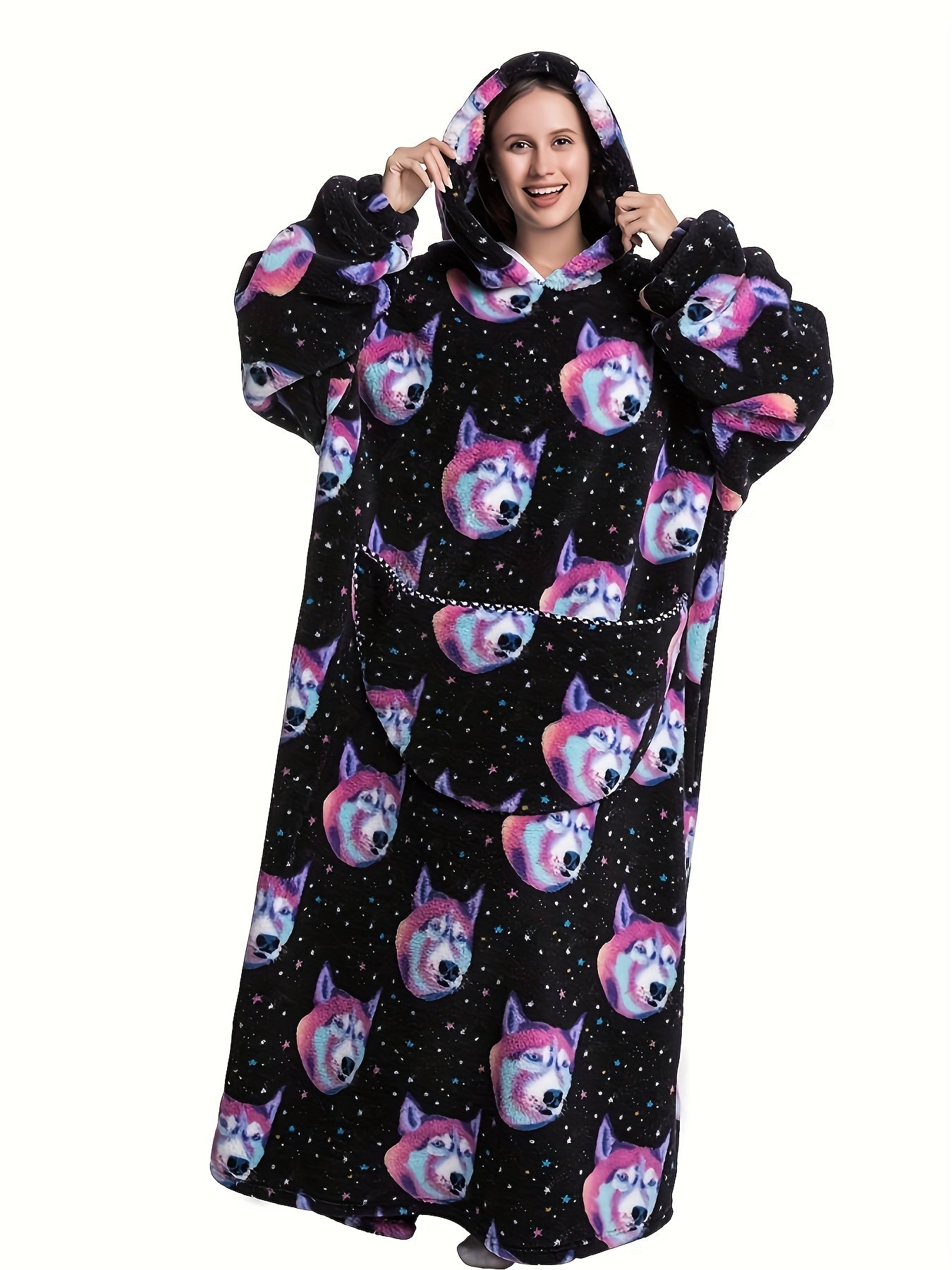 Cartoon Animal Print Hooded Robe Warm & Comfy Long Sleeve Lounge Robe