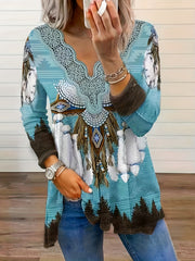 Boho Blouse Geo & Feather Print V Neck Top