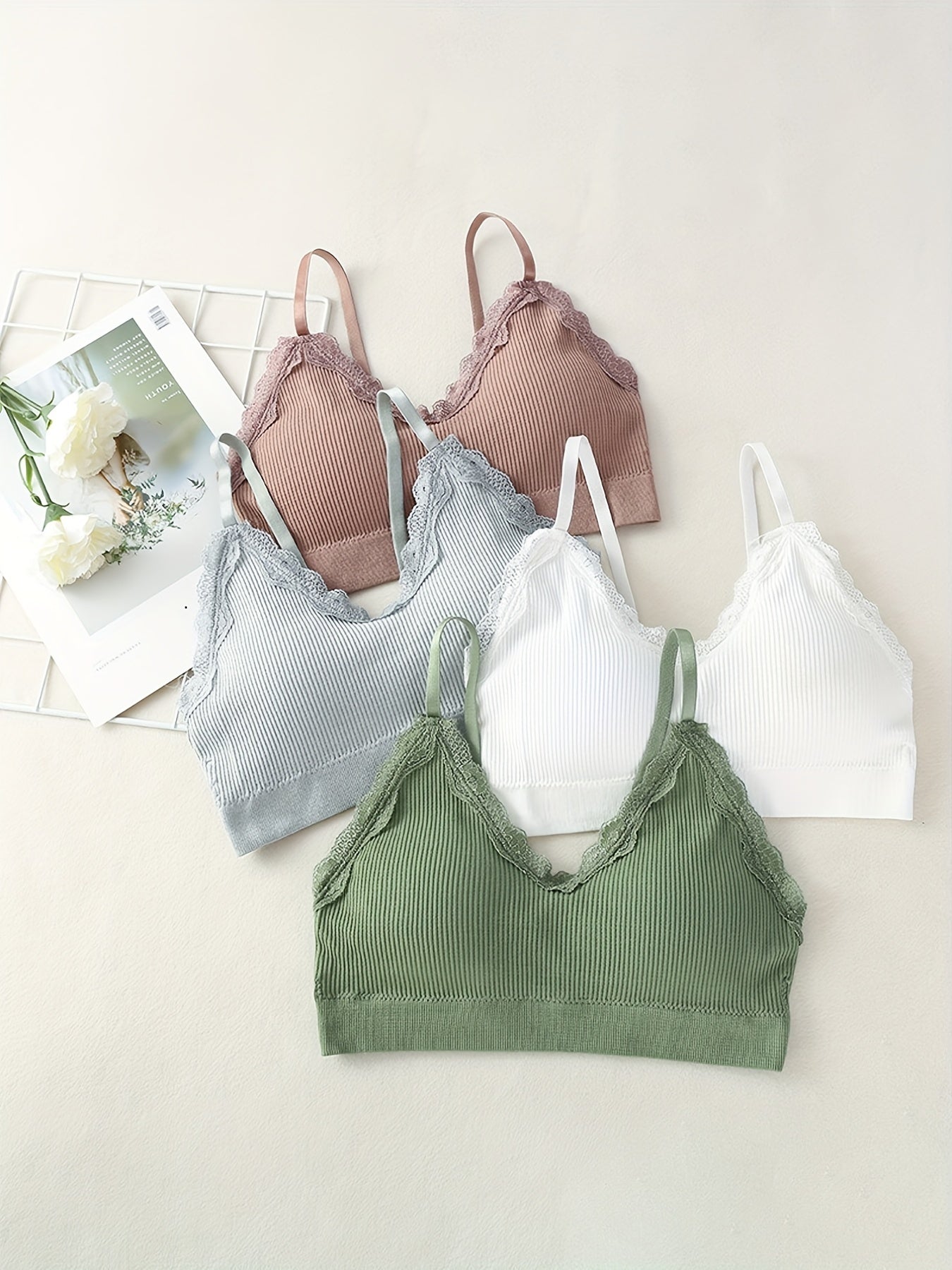 4pcs Girl's Lace Decor Ribbed Underwear Bralette For Teens 12-18 Years
