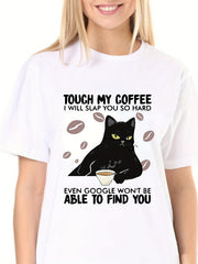 Cat & Coffee & Letter Print Casual Tee Short Sleeve T-shirt Women's Summer Top