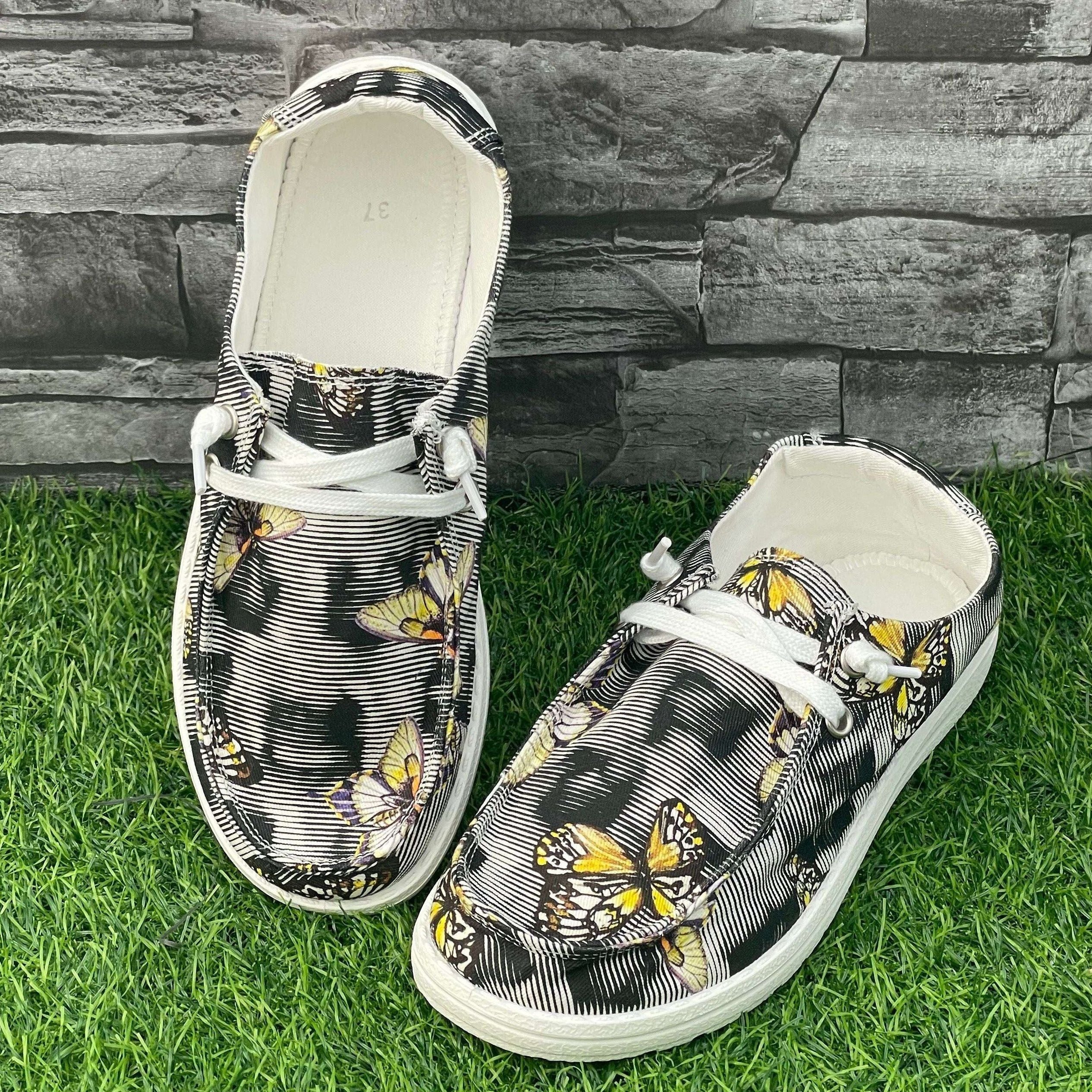Striped Butterfly Pattern Flat Shoes Women's Shallow Mouth Casual Shoes
