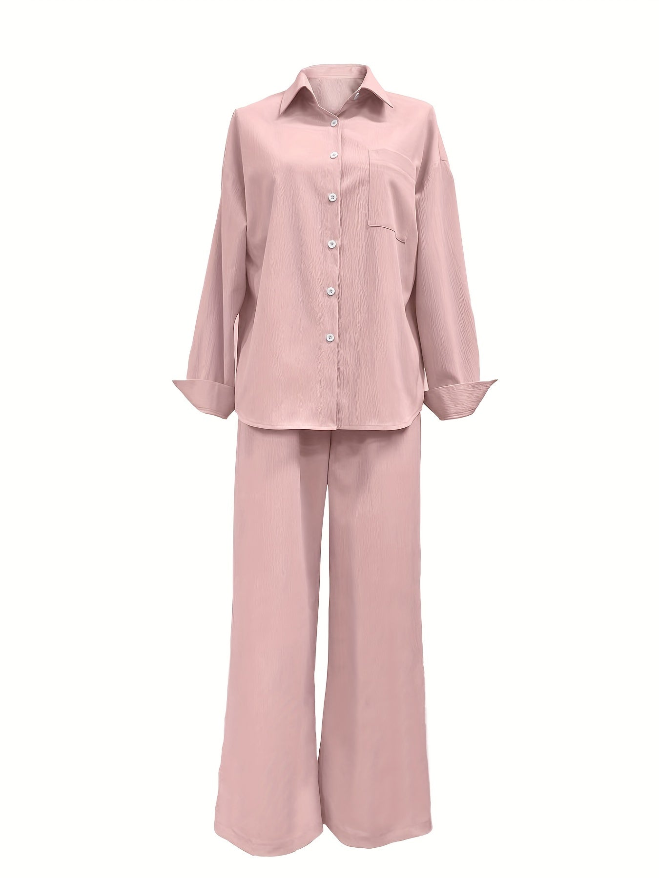 Button Front Long Sleeve Shirt & Drawstring Wide Leg Set