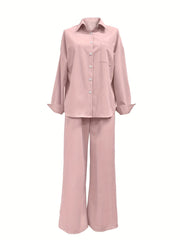 Button Front Long Sleeve Shirt & Drawstring Wide Leg Set