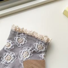 5 Pairs 3D Floral Textured Socks Retro Court Style Ruffle Short Socks
