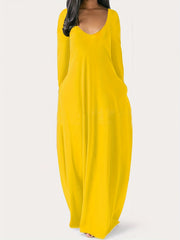 Solid Long Sleeve V Neck Maxi Dress