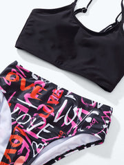 Girls Graffiti Print Swimsuit Set for Hawaii Vacation