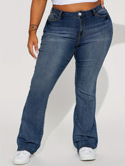 Plus Solid Button Up High Rise Flared Leg Jeans With Embroidered Pockets
