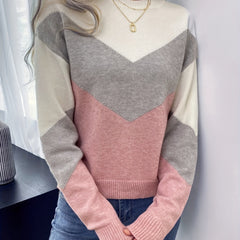 Block Crew Neck Sweater Long Sleeve Casual Fall Winter Women's