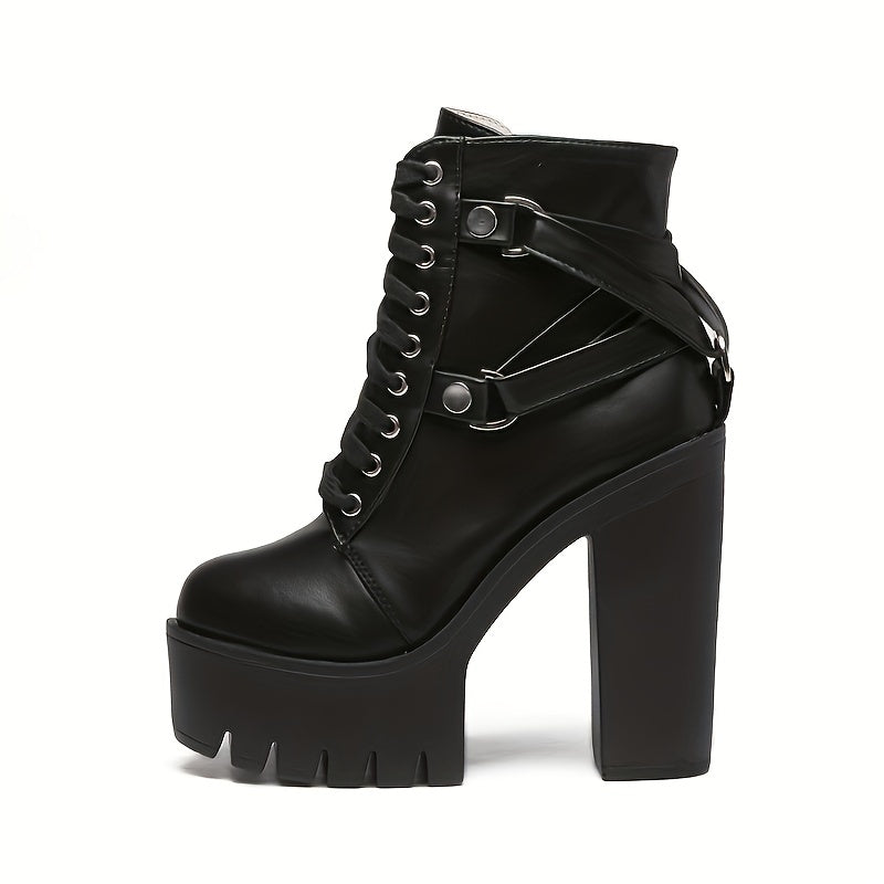 Women's Goth Chunky High Heeled Boots Lace Up Side Zipper Ankle Boots