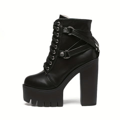 Women's Goth Chunky High Heeled Boots Lace Up Side Zipper Ankle Boots
