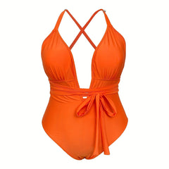 Solid Deep V Neck One Piece Swimsuit With Belt
