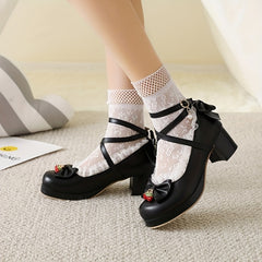 Women's Chunky Heels with Bowknot Decor, Sweet Strawberry Detail