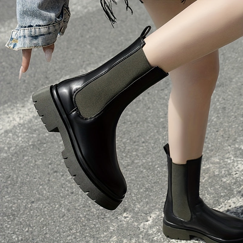 Chelsea Waterproof Snow Boots Faux Leather Flat Mid Calf Boots