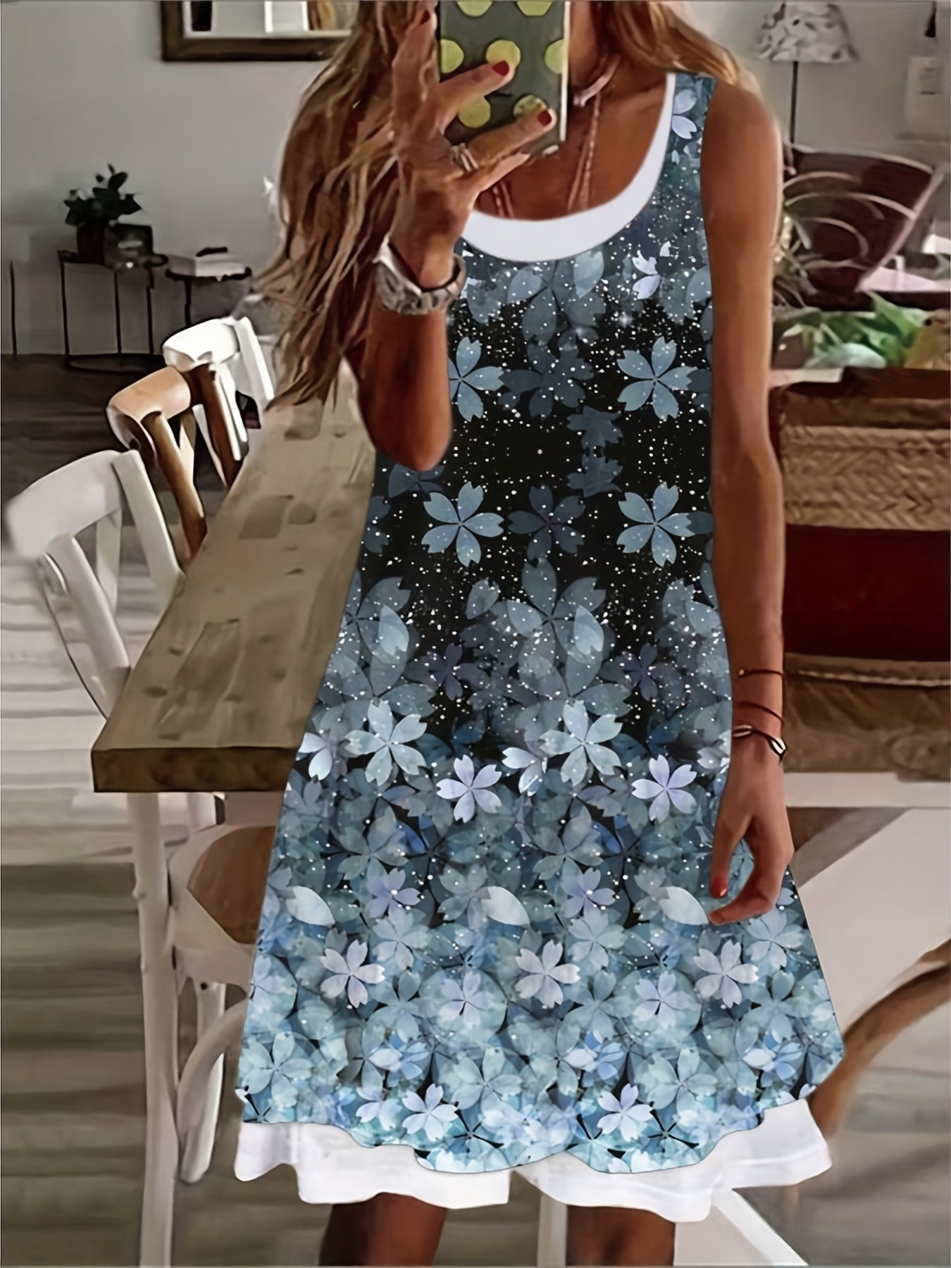 Colorblock Floral Print Round Neck Tank Dress
