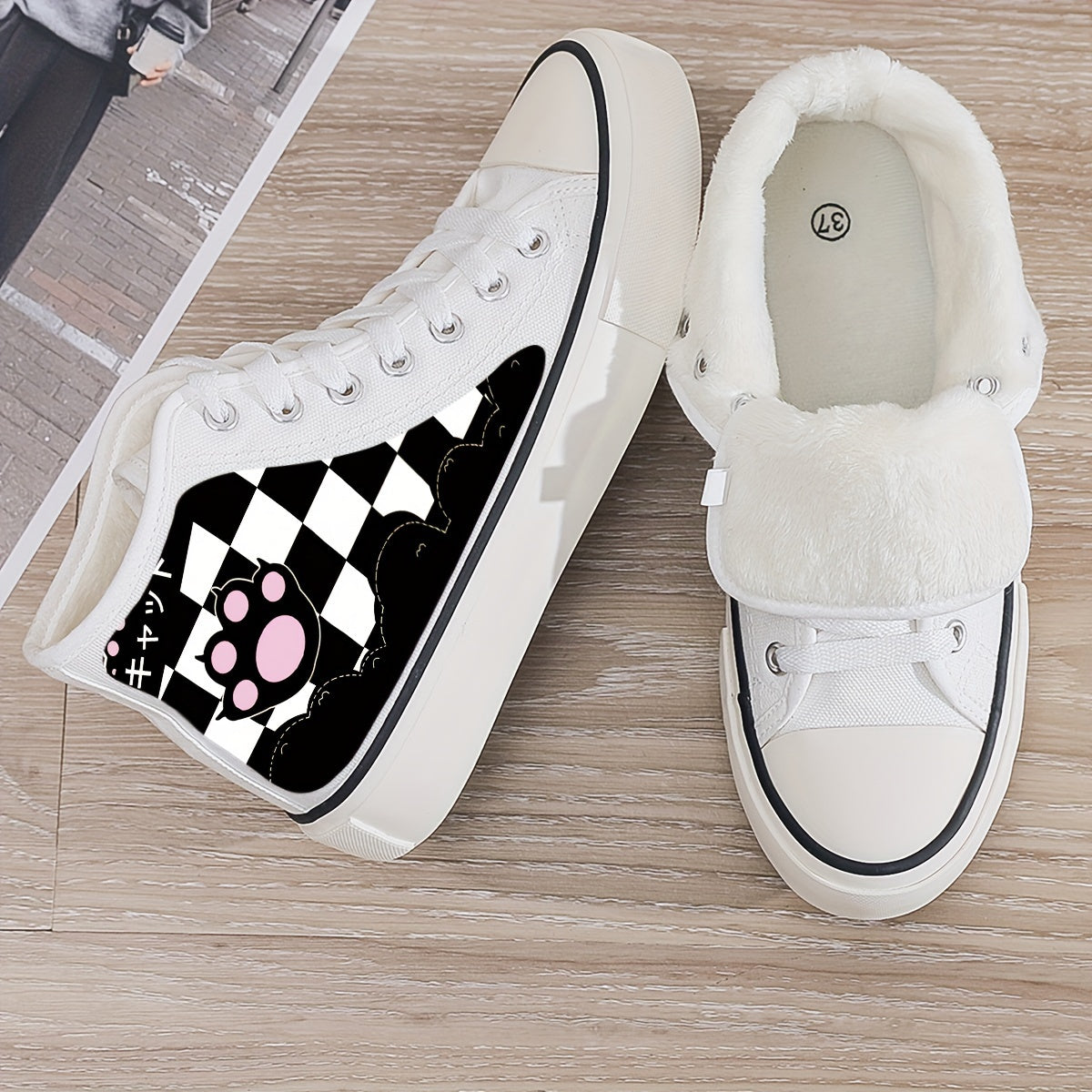 Cat Print Plush Lined Chunky Sneakers