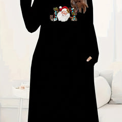 Women's Plus Santa Claus & Art Letter Print Long Sleeve Tee Dress