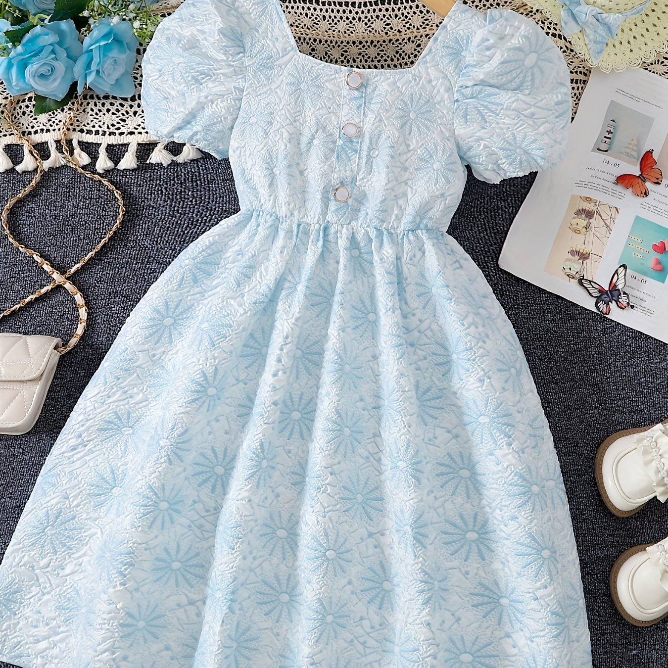 Floral Textured Princess Dress For Girls Puff Sleeve Party Birthday Dress