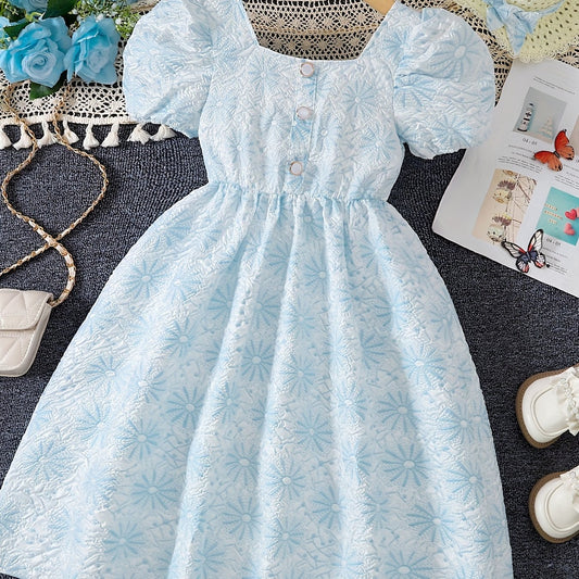 Floral Textured Princess Dress For Girls Puff Sleeve Party Birthday Dress