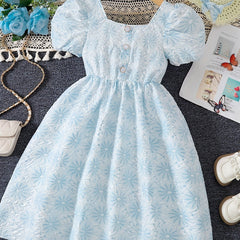 Floral Textured Princess Dress For Girls Puff Sleeve Party Birthday Dress