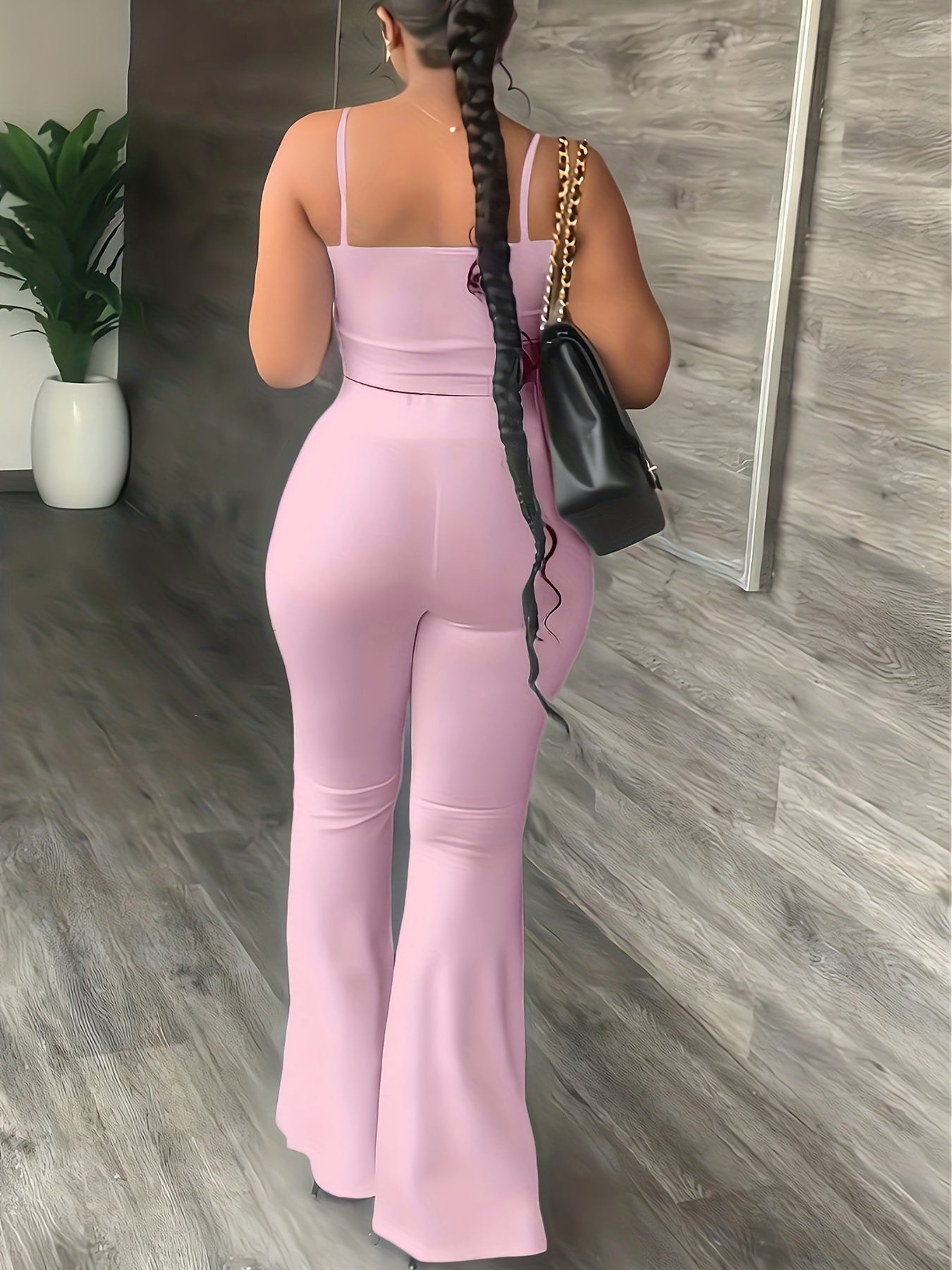 Solid Matching Two Piece Set Crop Cami Top & High Waist Flare Leg Pants Outfit