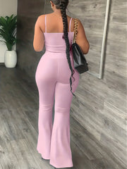 Solid Matching Two Piece Set Crop Cami Top & High Waist Flare Leg Pants Outfit