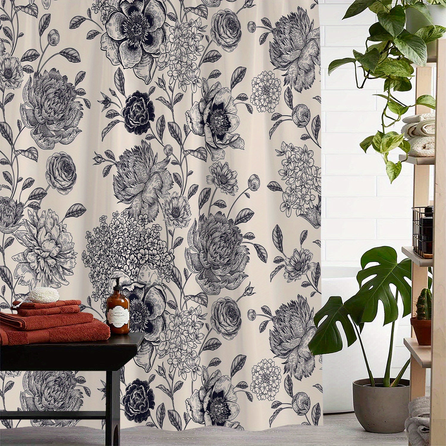 Waterproof Floral Shower Curtain w/ 12 Hooks Bathroom Decor