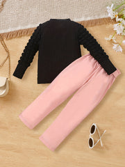 Girl's Ribbed Long Sleeve Top & Belted Pants Set - Casual Outfits