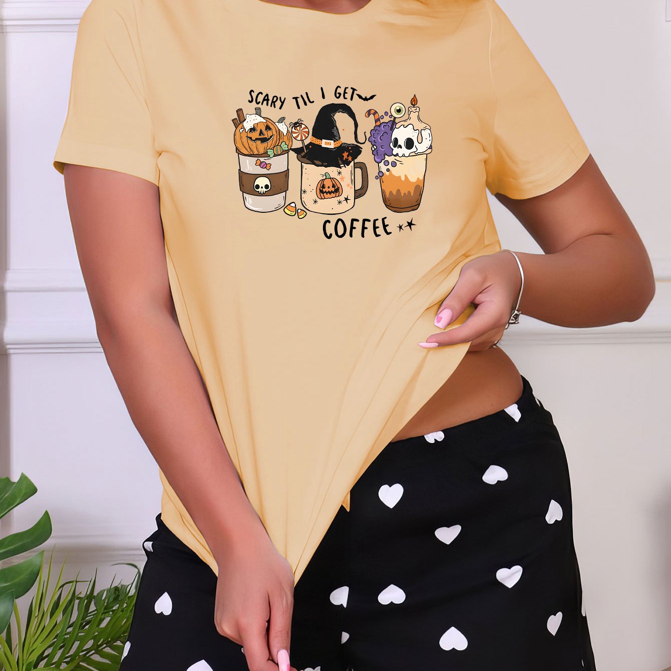 Halloween Pattern Sleep Top Short Sleeve Crew Neck Women's Loungewear