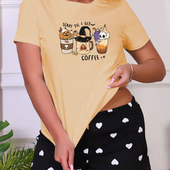 Halloween Pattern Sleep Top Short Sleeve Crew Neck Women's Loungewear