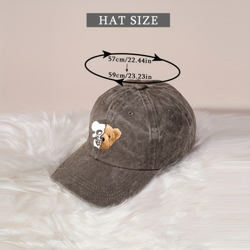Skull Bear Print Baseball Cap Washed Distressed Cotton Sports Hat
