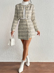 Button Front 2pc Set Long Sleeve Tops & Bag Hip Skirts