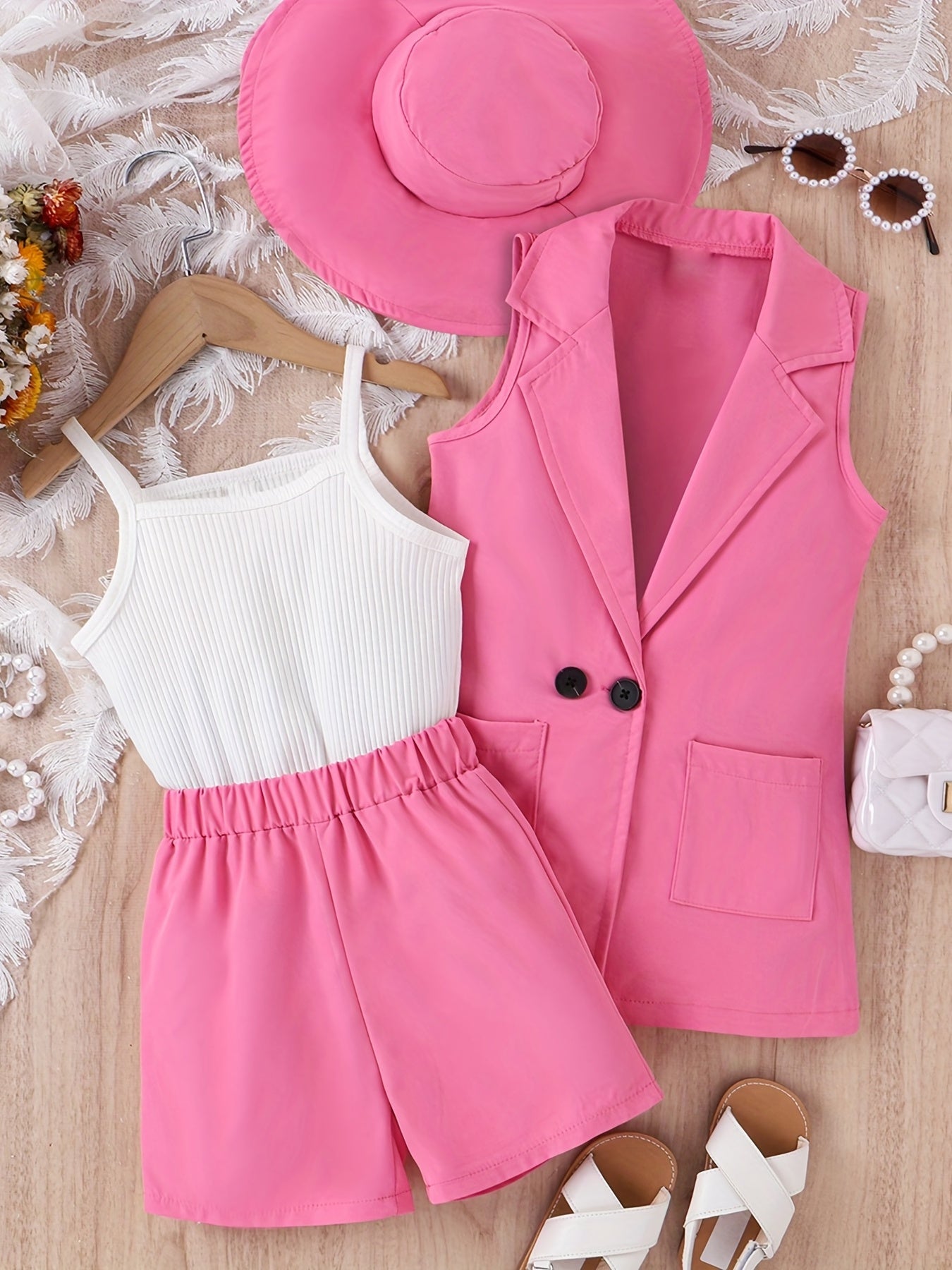 Girls 4pcs Summer Vest, Strip Top, Shorts, Hat Set