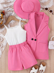 Girls 4pcs Summer Vest, Strip Top, Shorts, Hat Set