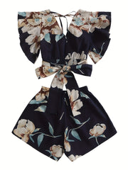 Vintage Floral Print 2pc Set V Neck Ruffle Trim Tops & Shorts Outfits