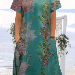 Floral Print V Neck Tee Dress With Pockets