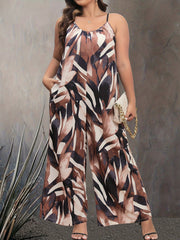 Casual Jumpsuit Women's Plus Random Print Round Neck Wide Leg Cami Jum