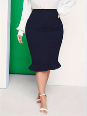Solid High Rise Ruffle Trim Midi Skirt