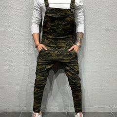 Camouflage Bib Overalls Mens Mid Stretch Slim Fit Suspender Denim Pants