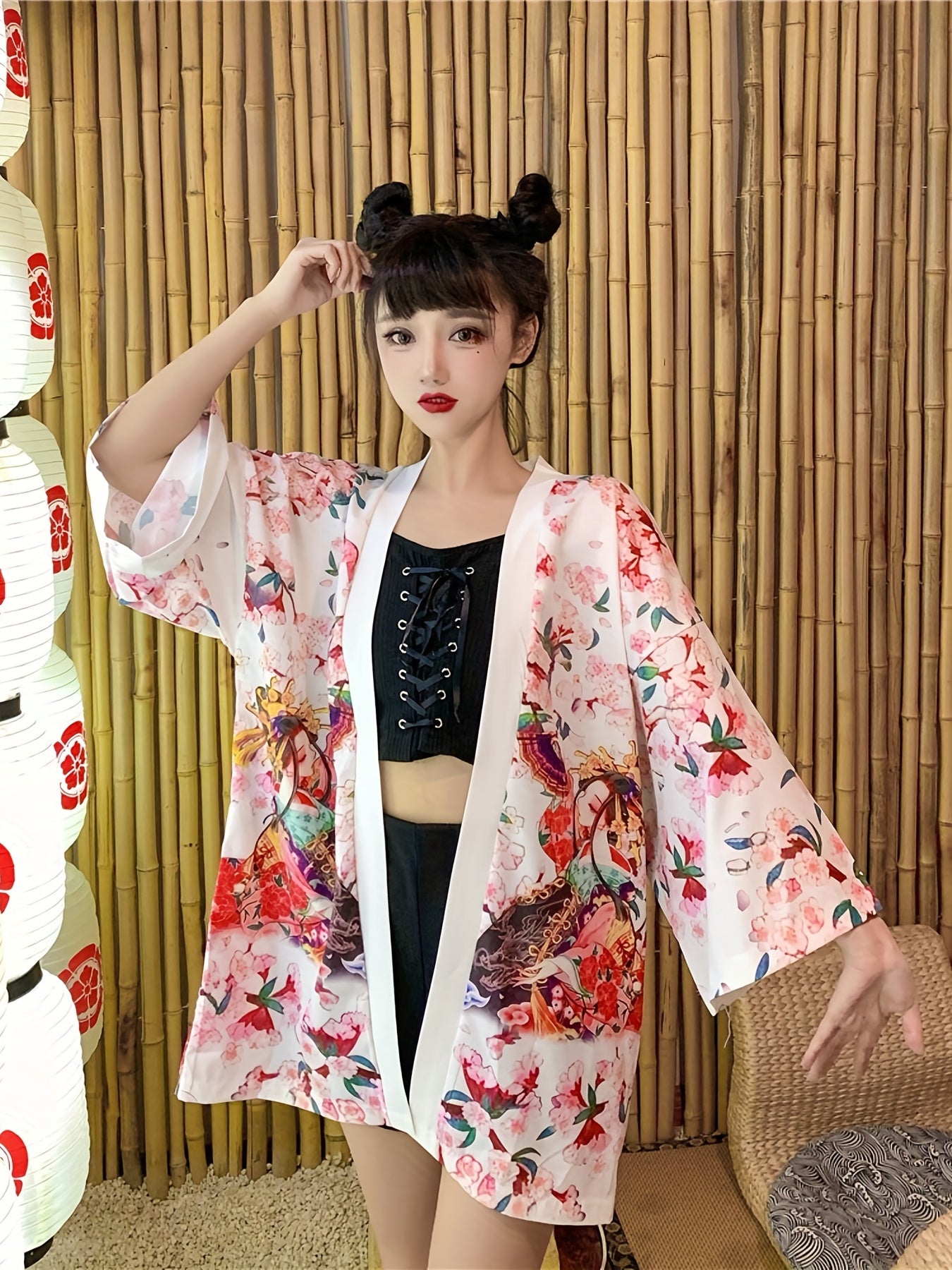 Graphic Print Open Front Kimono Casual Cover Up Kimono