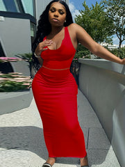 Sexy 2pc Set Scoop Neck Tank Top & Maxi Skirt Women's Outfit