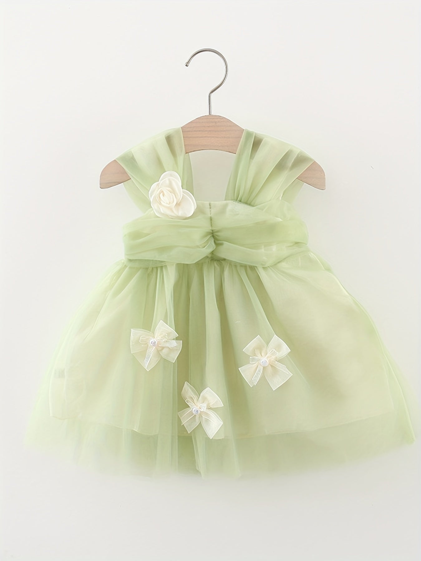 Mesh Girls Puffy Skirt with Corsage & Bow Decors for Wedding Party Ceremony